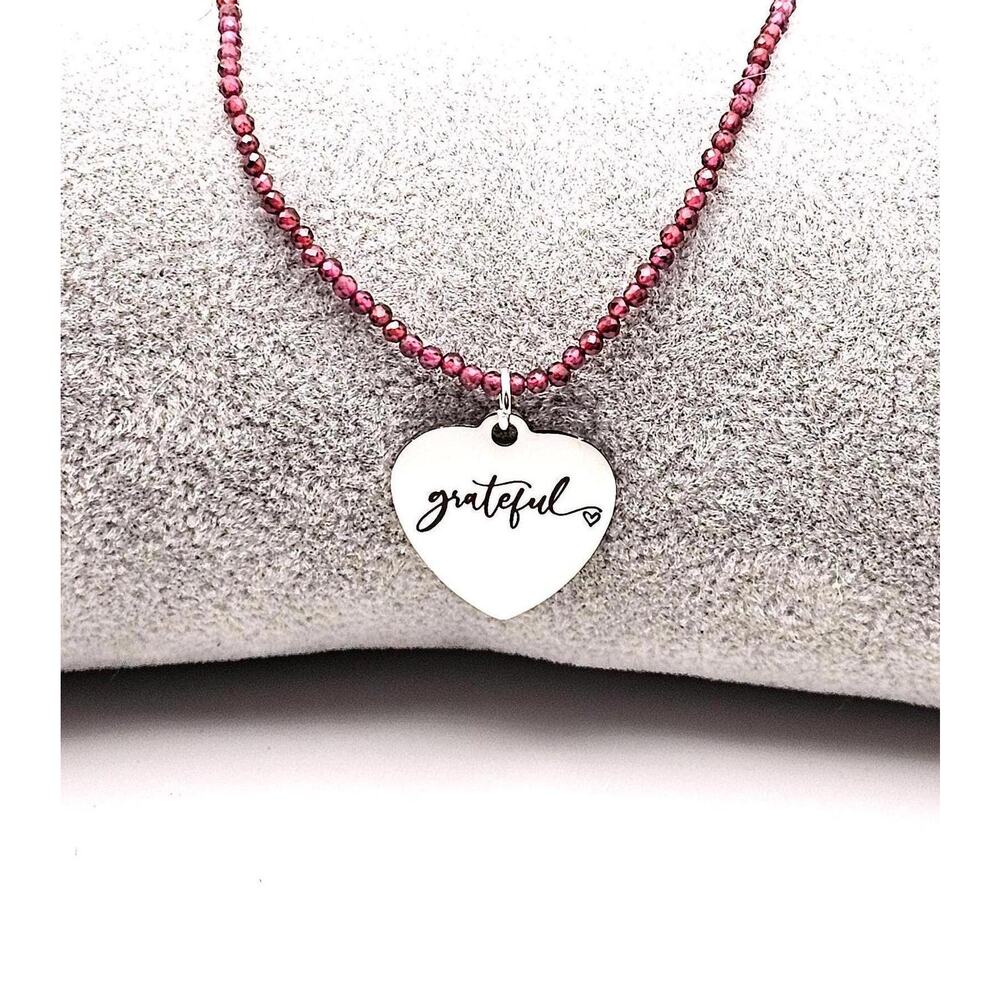 Handmade Garnet Bead Necklace Pendant Grateful Word Heart Charm Adjustable Chain